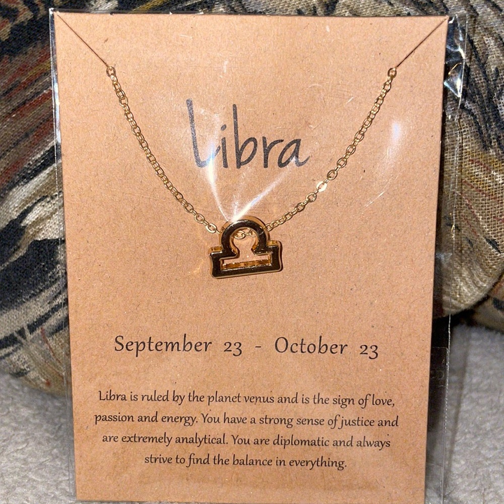 Libra Zodiac Sign Necklace, Gold, 16” Chain